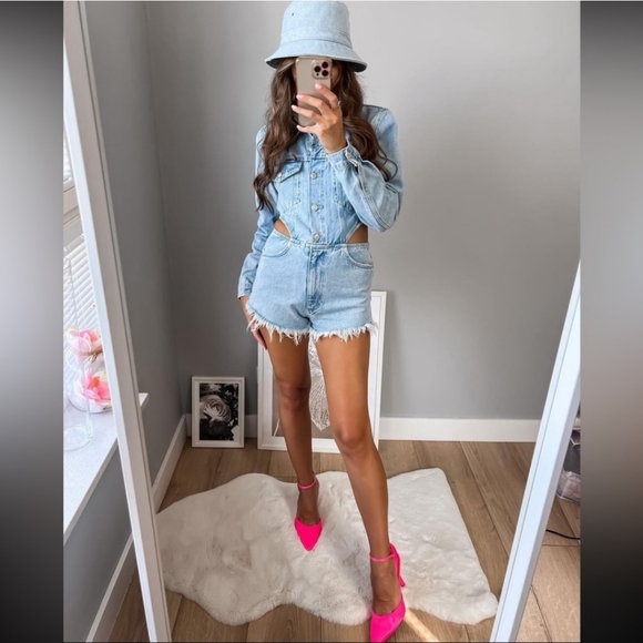 Zara cut out denim short blue wash jumpsuit - Picture 7 of 16